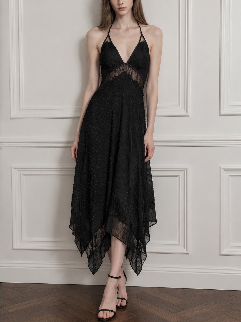 bebe Black Silk Halter Dress with Lace Trim Evening Cocktail Party Wedding Event